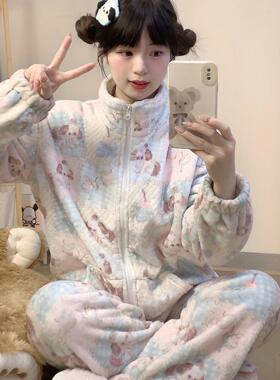 Ruibbit原创小狗拼布印花睡衣法兰绒秋冬长袖睡衣套装家居服女