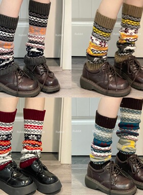 Ruibbit民族风圣诞复古条纹堆堆袜套女小众保暖拼色针织腿套