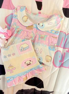 Ruibbit原创粉色花边娃娃领睡衣夏短袖套装家居服女可爱日系甜美