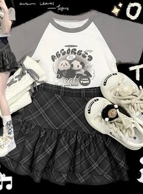 Ruibbit原创熊猫印花拼接t恤短袖女y2k插肩袖灰色短款亚文化小众