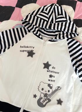 Ruibbit原创条纹拼接猫耳印花短袖t恤夏连帽纯棉女亚文化kitty猫