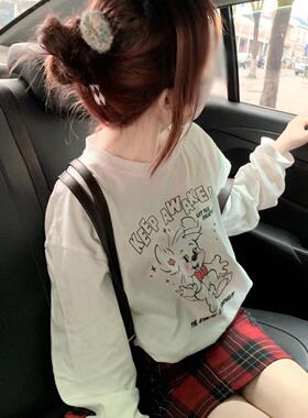 Ruibbit原创设计飞耳小熊印花长袖白色t恤甜酷百搭宽松秋女内搭韩