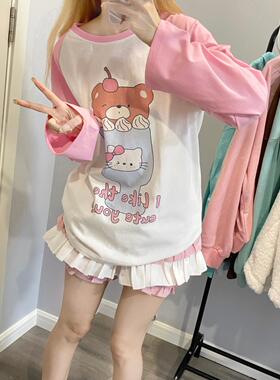 Ruibbit原创设计冰沙kitty印花长袖白色t恤少女百搭宽松内搭