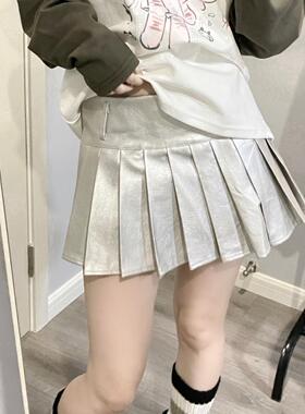 Ruibbit银色pu皮百褶短裙辣妹复古百搭显瘦y2k亚文化半身裙千禧风