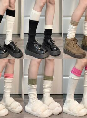 Ruibbit搭配韩系拼色堆堆袜小腿袜春秋学院风奶白色拼接假两件