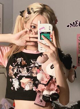 Ruibbit原创满印小动物印花短袖黑粉色t恤甜酷辣妹y2k女千禧黑色