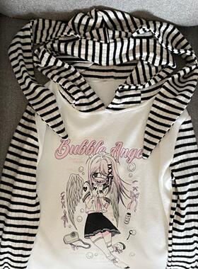 Ruibbit原创条纹兔耳拼接长袖恤春秋连帽印花女亚文化小众上衣