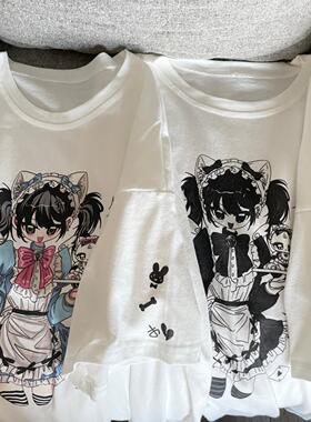Ruibbit原创二次元印花白色短袖宽松t恤夏休闲圆领纯棉女亚文化