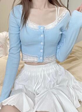 Ruibbit 蓝色蕾丝外套韩系温柔棉女ins短款2021春夏包邮