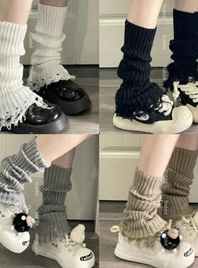 Ruibbit废土风破洞袜套纯色女日系学院风堆堆袜腿套亚文化流苏ins