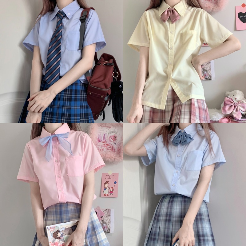 ruibbit自制领口刺绣衬衫夏透明感jk制服少女纯白蓝粉黄色