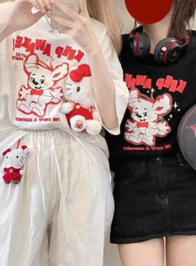 Ruibbit原创设计发光飞耳小熊印花短袖t恤黑色宽松闺蜜女潮牌纯棉