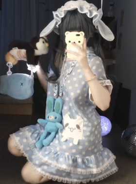 Ruibbit原创波点蓝色灰色印花短袖t恤连衣裙蕾丝猫耳夏少女亚萌
