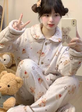 Ruibbit原创小熊印花睡衣法兰绒秋冬长袖连帽套装家居服女圆领