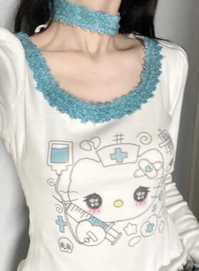 Ruibbit原创蓝色护士kitty印花少女泡泡袖长袖t恤女上衣蕾亚萌感