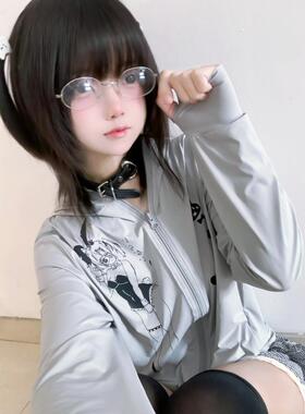 Ruibbit原创设计灰色涂鸦防晒衣服外套连帽夏宽松长袖卡通可爱女