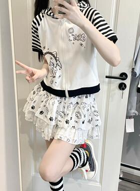 Ruibbit原创条纹拼接猫耳印花短袖宽松t恤夏连帽纯棉女亚文化涂鸦