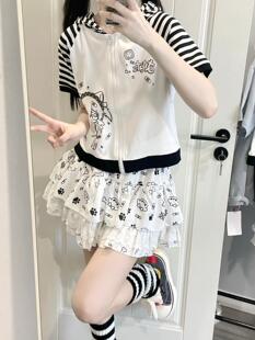 Ruibbit原创条纹拼接猫耳印花短袖宽松t恤夏连帽纯棉女亚文化涂鸦