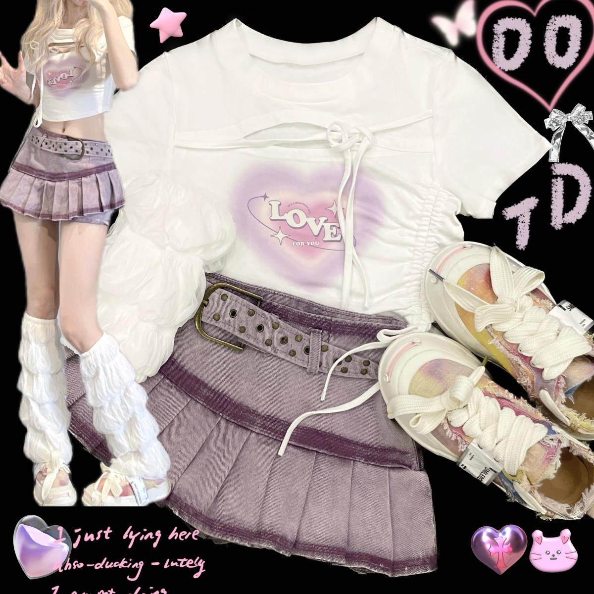 Ruibbit原创爱心印花短袖粉紫色t恤紧身纯欲抽绳女y2k绑带镂空