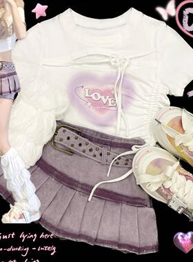 Ruibbit原创爱心印花短袖粉紫色t恤紧身纯欲抽绳女y2k绑带镂空