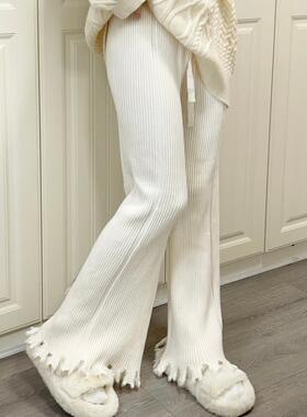 Ruibbit 流苏针织长裤黑白喇叭阔腿裤可爱温柔宽松显瘦女通勤秋冬