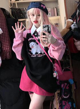 Ruibbit原创设计粉色小狗卫衣动物印花美式复古韩风圆领女长袖秋