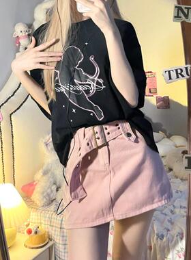 Ruibbit纯色A字牛仔超短裙甜酷半身裙自带打底腰带辣妹甜美少女夏