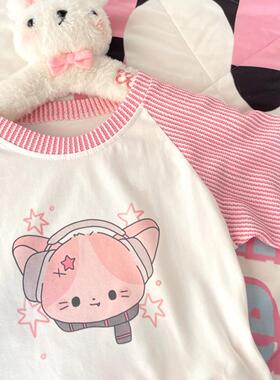 Ruibbit原创耳机小猫印花拼接t恤短袖女短款y2k插肩袖粉色条纹