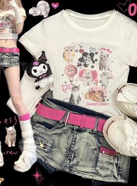 Ruibbit原创爱心猫咪印花t恤短袖紧身送袖套正肩辣妹y2k针织女