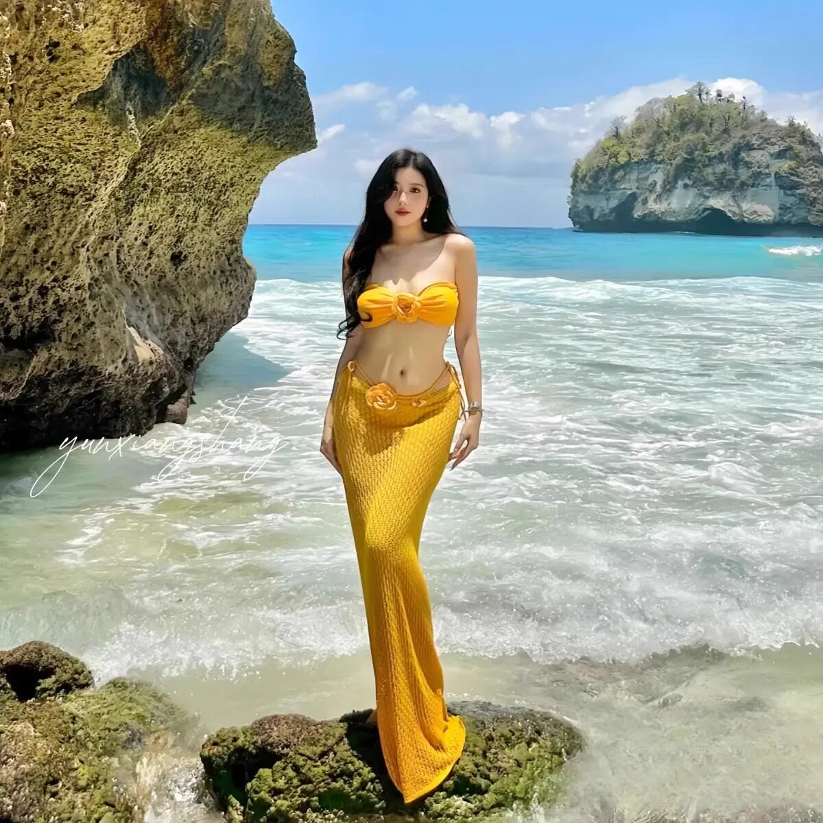 比基尼泳衣女2025新款泰国绝美黄色分体三件套性感长裙海岛度假风