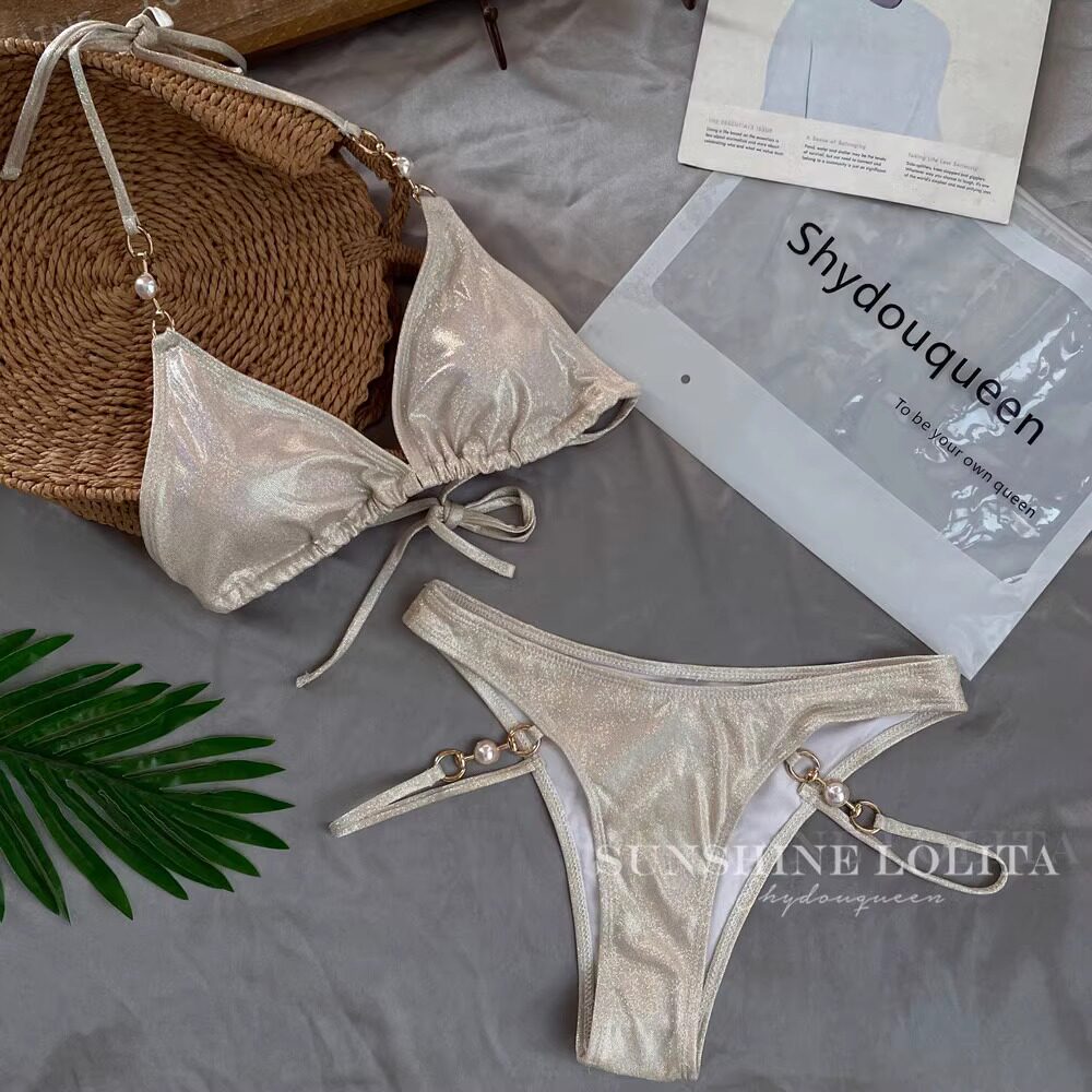 肯豆曲线银白色比基尼纯欲气质性感高叉珍珠链条显腿长分体泳衣女