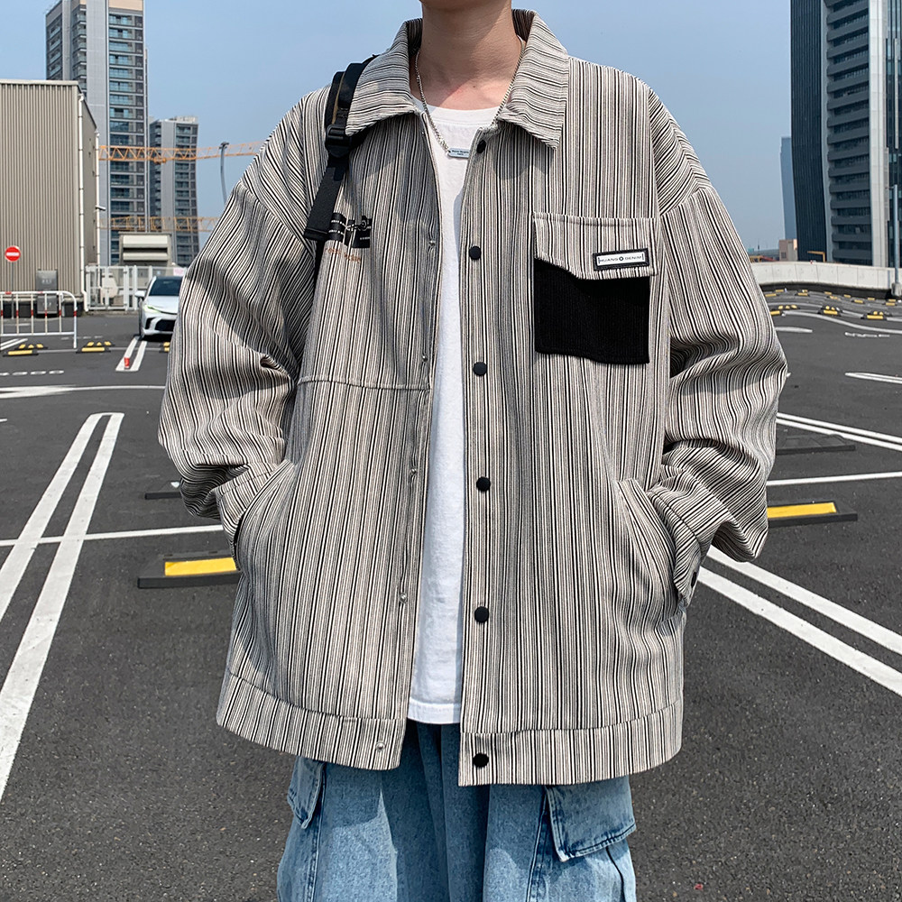 港风条纹宽松休闲夹克日系大码印花外套潮男外景6639P78控118,男装夹克,电商A029A