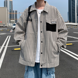 港风条纹宽松休闲夹克 日系大码印花外套潮男外景 6639 P78控118图片