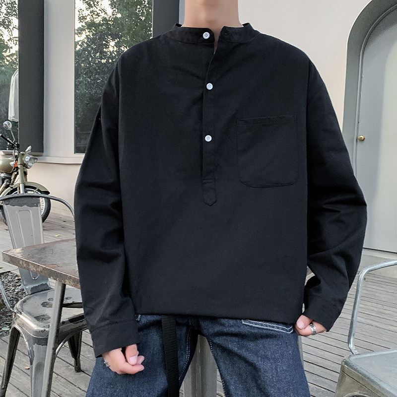 纯色宽松套头立领衬衫春秋潮男长袖立领衬衣C163P45控68，男装衬衫，电商A029A