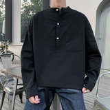 港风纯色宽松套头立领衬衫春秋潮男长袖立领衬衣C163-P45，男装衬衫，电商A029A