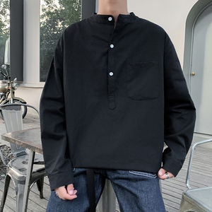 纯色宽松套头立领衬衫 春秋潮男长袖立领衬衣C163 P45 控68，男装衬衫，电商A029A