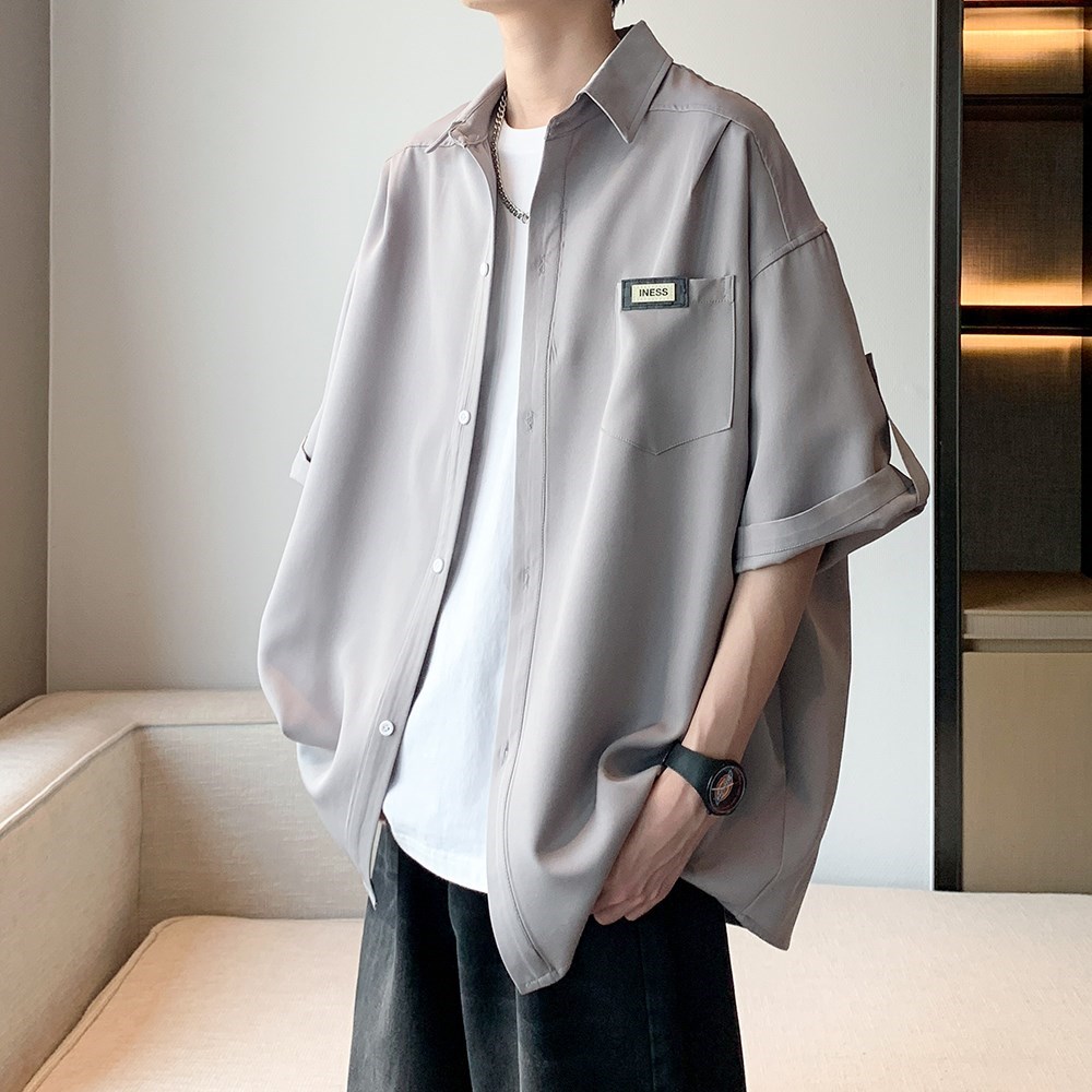 酒店内景夏新款短袖衬衫港风男纯色休闲衬衣可二开6612P45控58，男装T恤，电商A029A