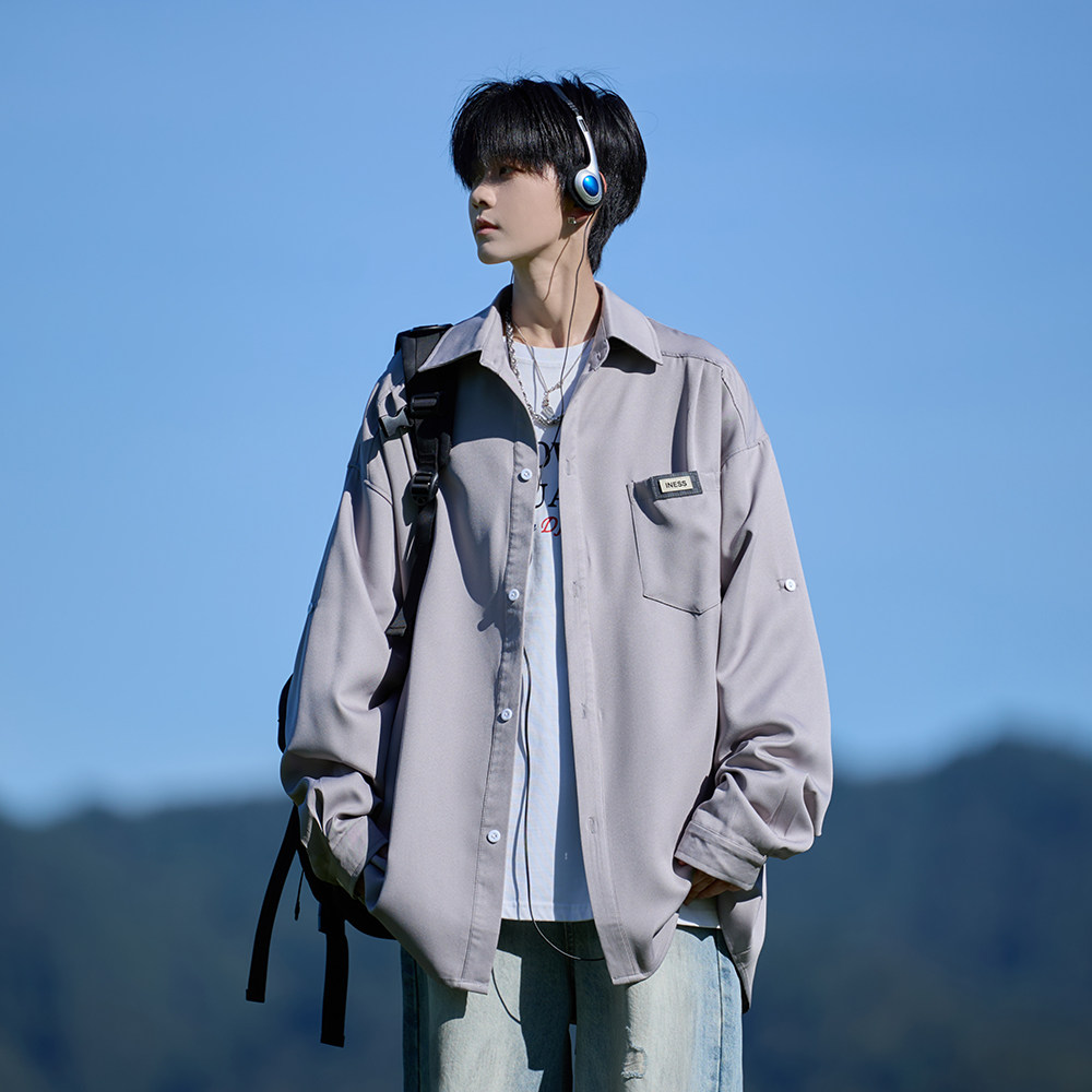 相机片2025宽松长袖衬衫港风秋季男纯色衬衣666P48控68,男装衬衫,电商A029A