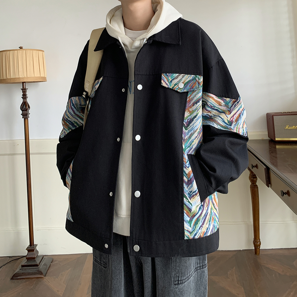 春装宽松舒适大码潮牌男外套拼接花纹夹克日系港风2879P75控98，男装夹克，电商A029A