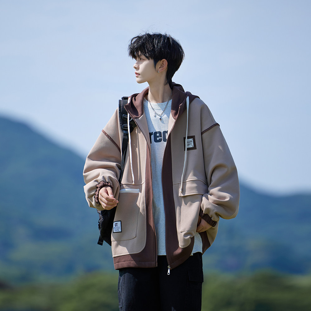 wassuphappy假两件撞色夹克男春秋季潮牌大码青少年连帽休闲外套,男装夹克,电商A029A