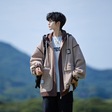 wassuphappy假两件撞色夹克男春秋季潮牌大码青少年连帽休闲外套，男装夹克，电商A029A
