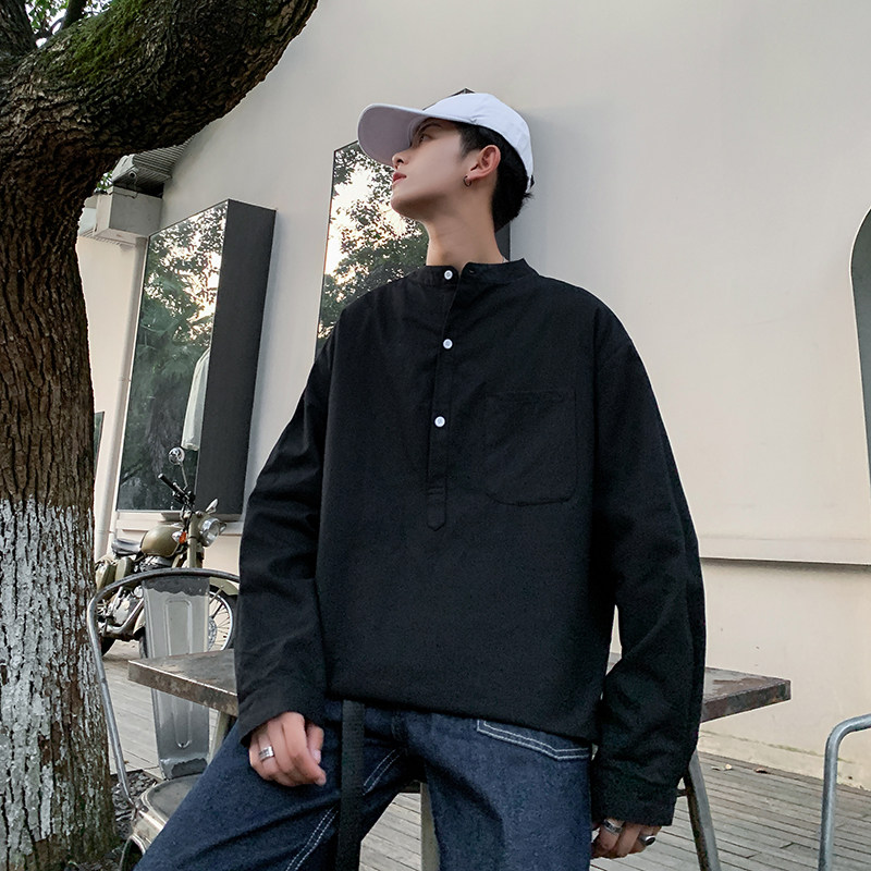港风纯色宽松套头立领衬衫春秋潮男长袖立领衬衣C163-P45,男装衬衫,电商A029A