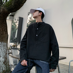 港风纯色宽松套头立领衬衫 春秋潮男长袖立领衬衣C163-P45图片