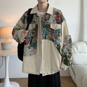 潮港风个性男夹克宽松休闲刺绣碎花日系文艺外套 2881 P75控108图片