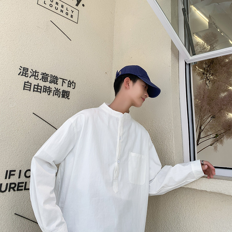 港风纯色宽松套头立领衬衫春秋潮男长袖立领衬衣C163-P45,男装衬衫,电商A029A