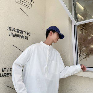 港风纯色宽松套头立领衬衫 春秋潮男长袖立领衬衣C163-P45图片