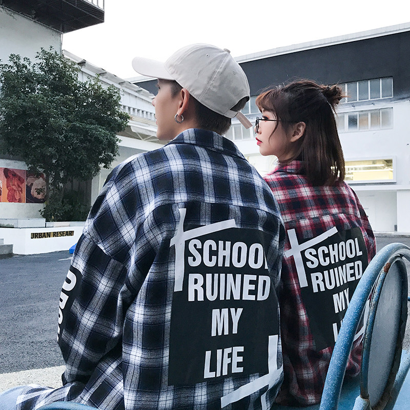 Lovers loose large casual printed Plaid Shirt New Long Sleeve Shirt for men and women