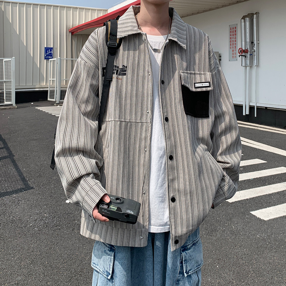 港风2025新款条纹宽松休闲夹克印花外套潮男外景6639P78控118,男装夹克,电商A029A