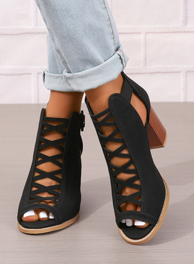 8cm粗跟鞋镂凉鞋女 women high heels shoes for ladies sandals