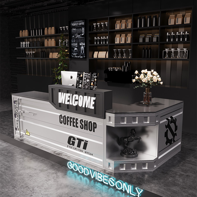 工业风酒吧吧台收银台奶茶烧烤店创意前台健身房铁艺集装箱接待台